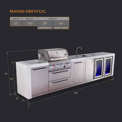 Mont Alpi 400 Deluxe BBQ Grill Island with Beverage Center, Extra Storage & Fridge - MAi400-DBEVFCXL