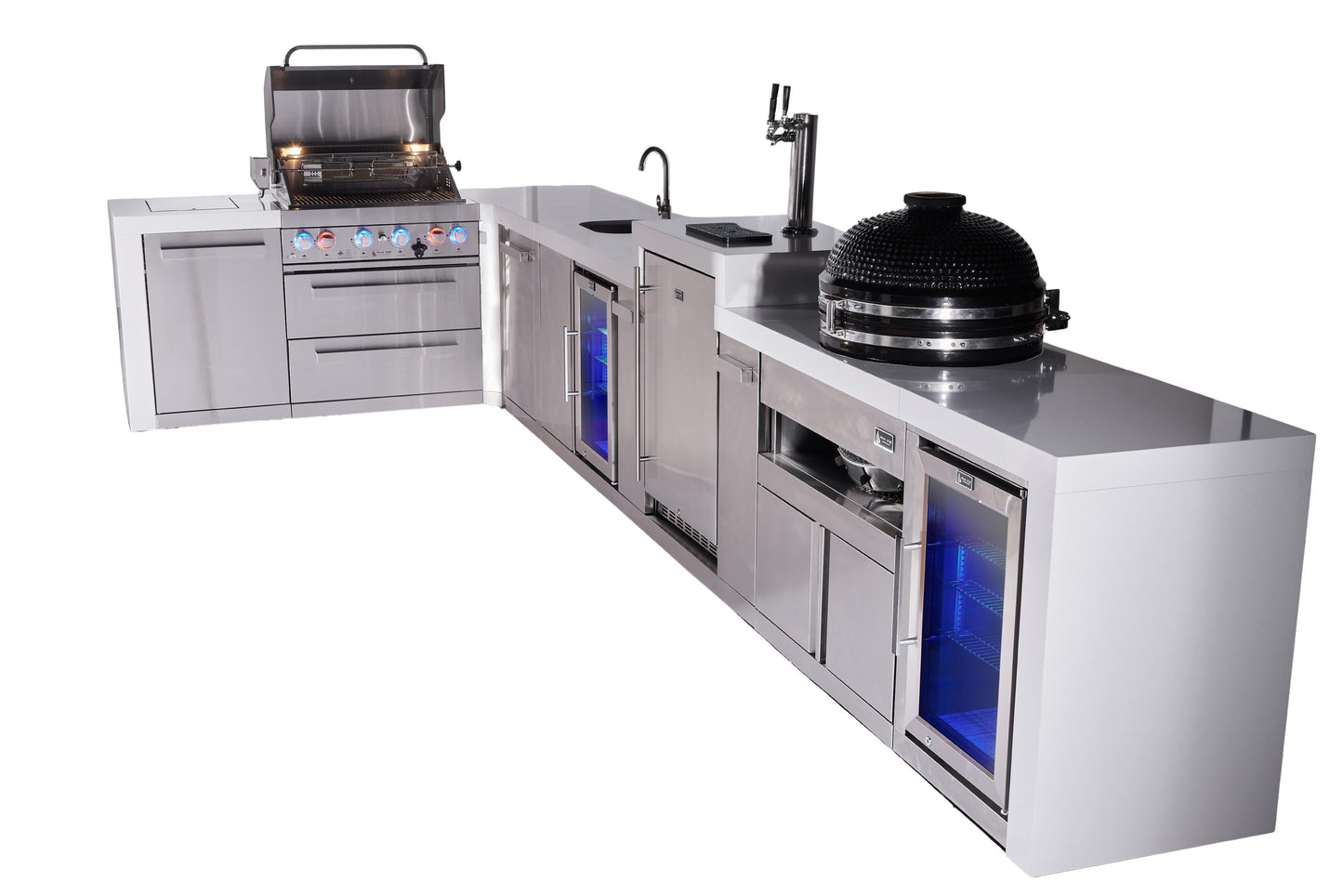 Mont Alpi 400 Deluxe BBQ Grill Island with L-Shape, Beverage Center, Kegerator, Kamado Module, Extra Storage & Fridge - MAi400-D90KEGBEVFCKAMXL