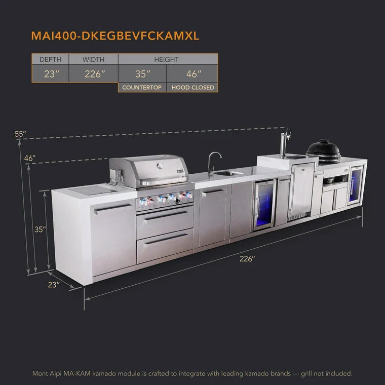 Mont Alpi 400 Deluxe BBQ Grill Island with Beverage Center, Kegerator, Kamado Module, Extra Storage & Fridge - MAi400-DKEGBEVFCKAMXL