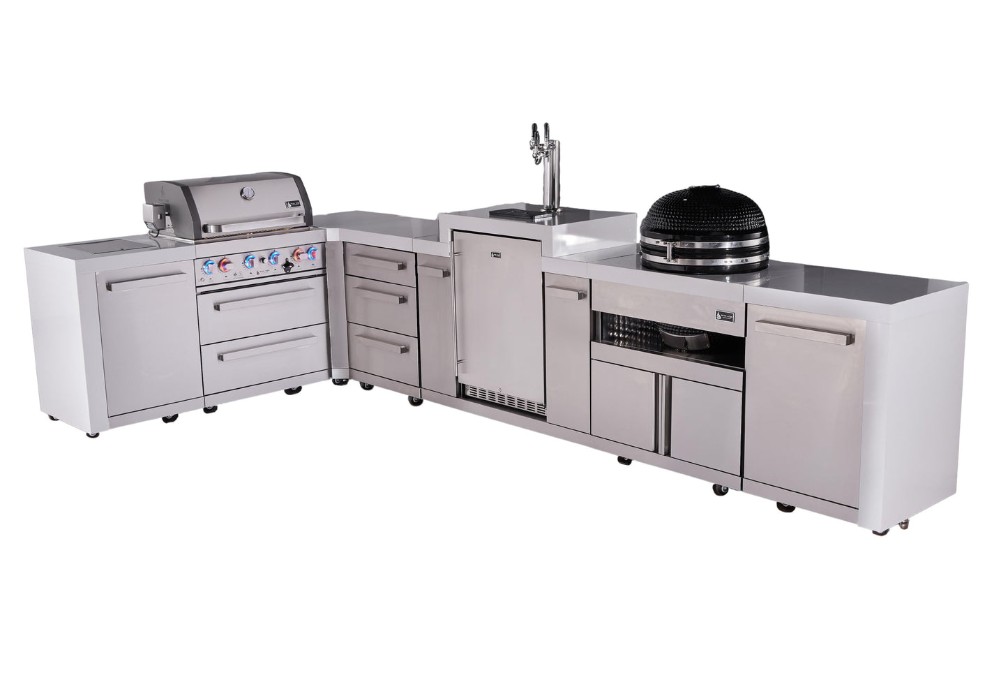 Mont Alpi 400 Deluxe BBQ Grill Island with L-Shape, Kegerator, Kamado Module, & Extra Drawer Storage - MAi400-D90KEGKAMDR