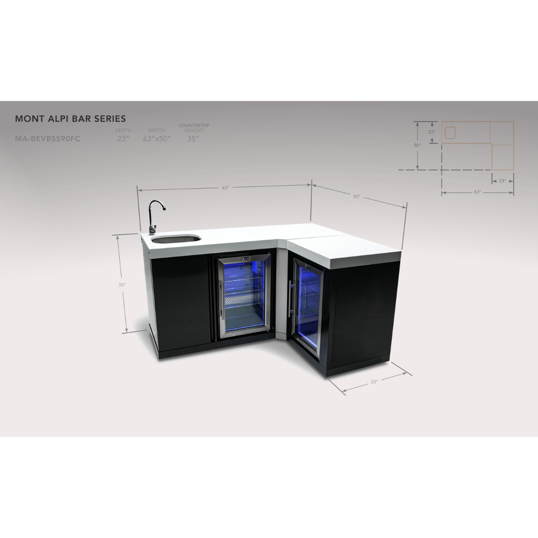 Mont Alpi Black Stainless Steel Beverage Center with 90 Degree Corner and Fridge Cabinet - MA-BEVBSS90C