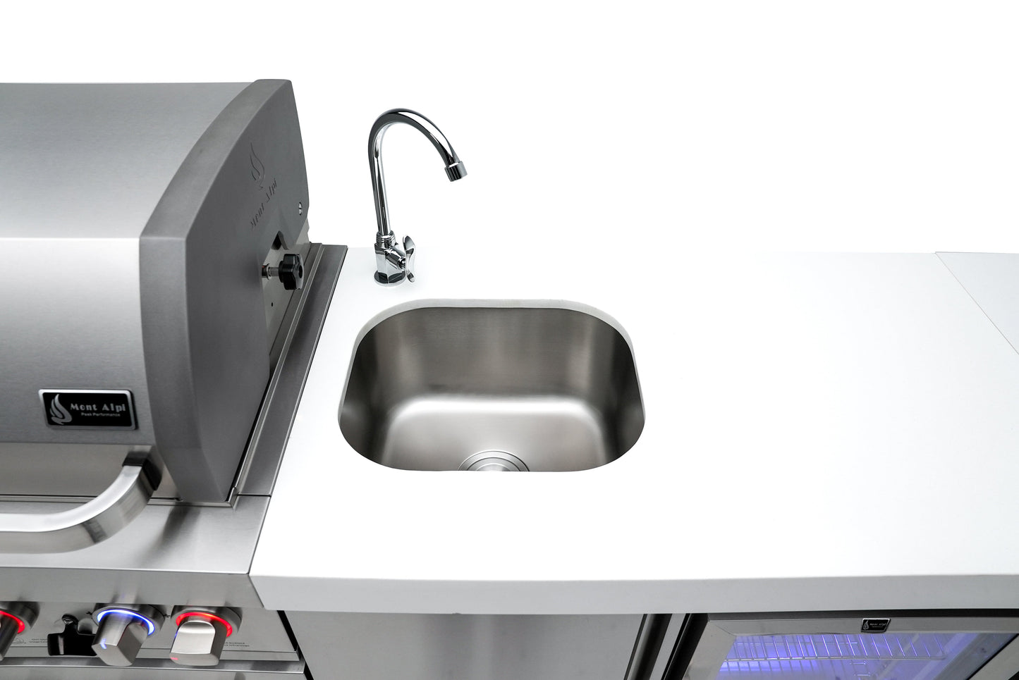 Mont Alpi 400 Deluxe BBQ Grill Island with L-Shape, Beverage Center, Kegerator, Kamado Module, Extra Storage & Fridge - MAi400-D90KEGBEVFCKAMXL