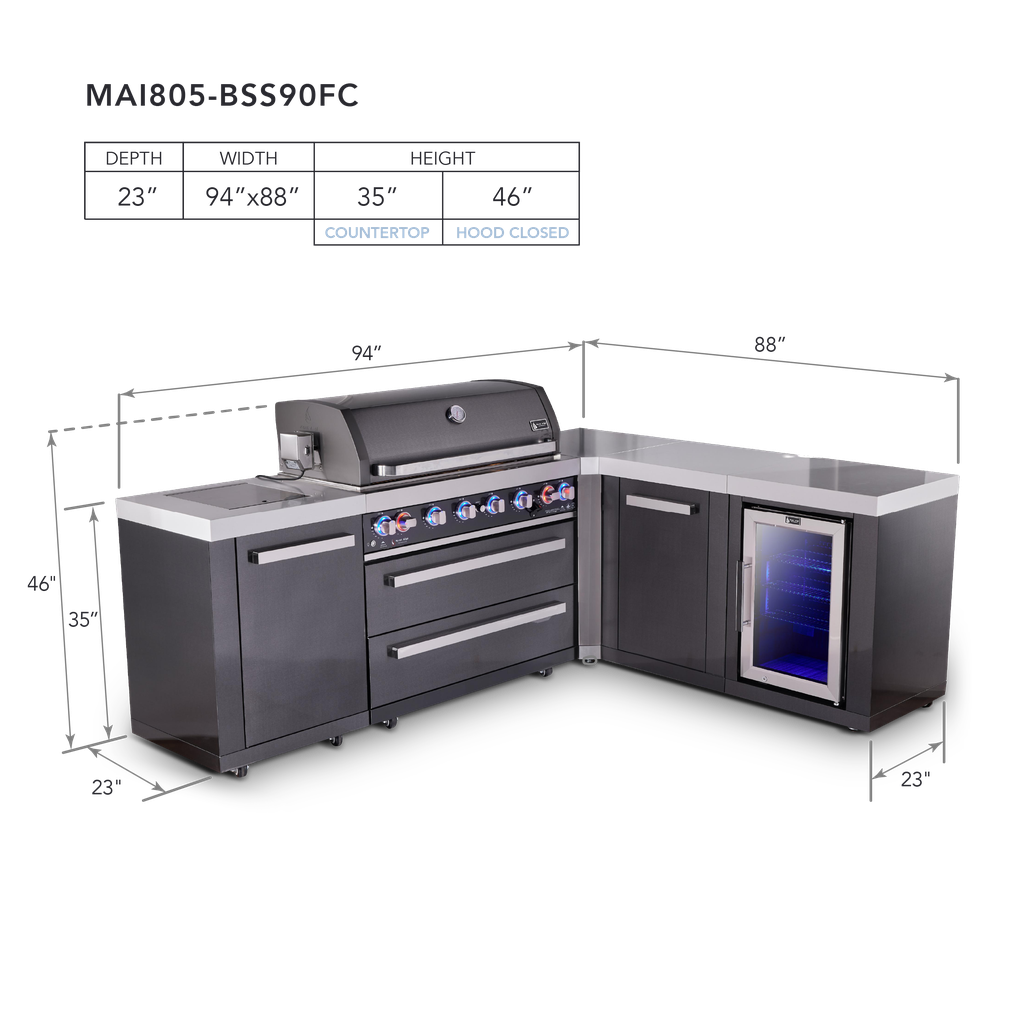 Mont Alpi 805 Black Stainless Steel BBQ Grill Island with L-Shape & Fridge Cabinet - MAi805-BSS90FC