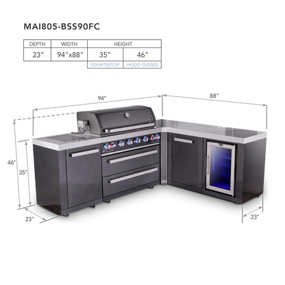 Mont Alpi 805 Black Stainless Steel BBQ Grill Island with L-Shape & Fridge Cabinet - MAi805-BSS90FC