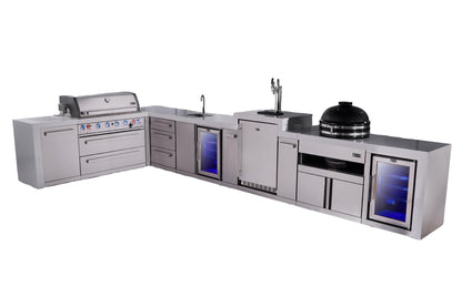 Mont Alpi 805 Deluxe BBQ Grill Island with L-Shape, Beverage Center, Kegerator, Kamado Module, Extra Drawer Storage & Fridge - MAi805-D90KEGBEVFCKAMDR