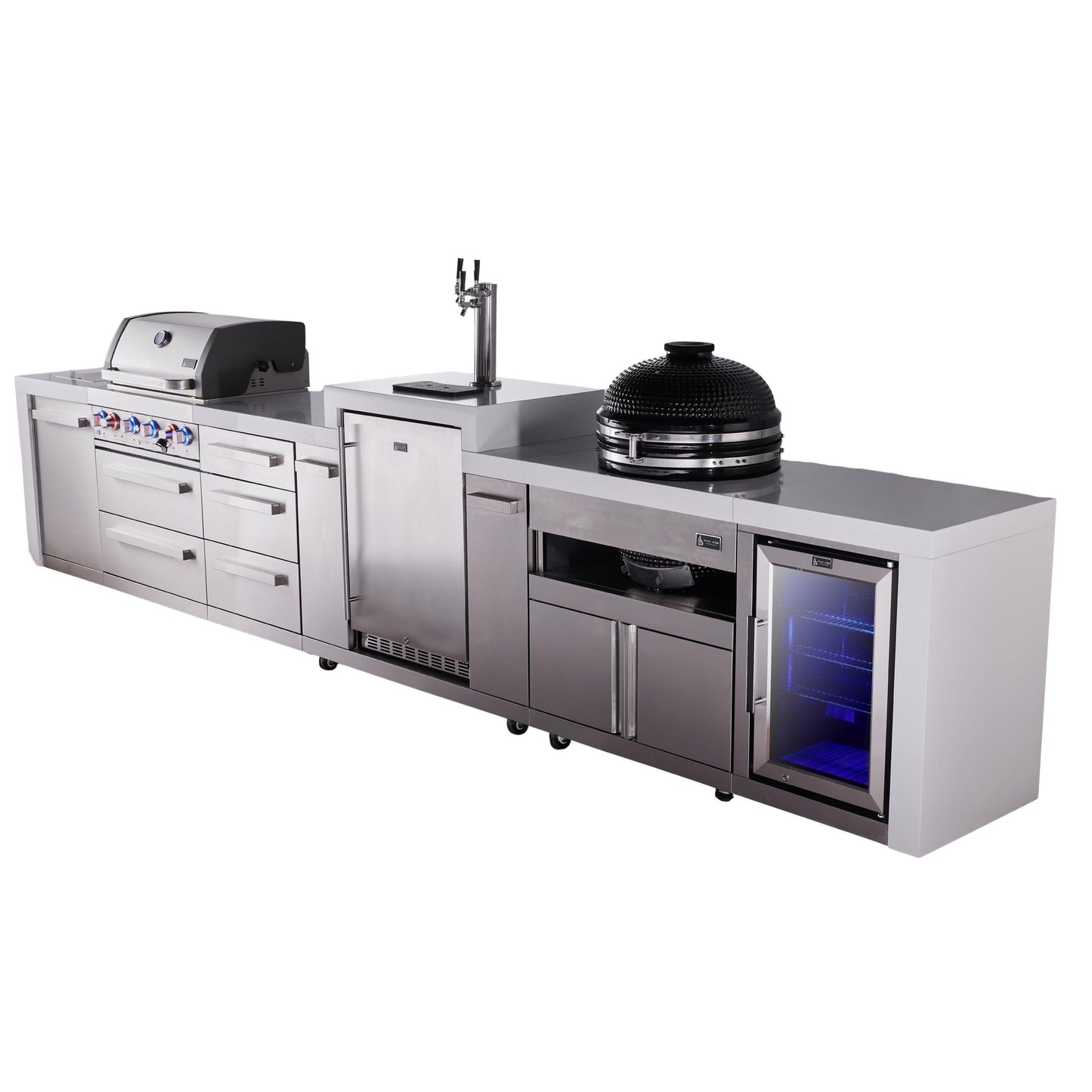 Mont Alpi 400 Deluxe BBQ Grill Island with Kegerator, Kamado Module, Extra Drawer Storage & Fridge - MAi400-DKEGFCKAMDR