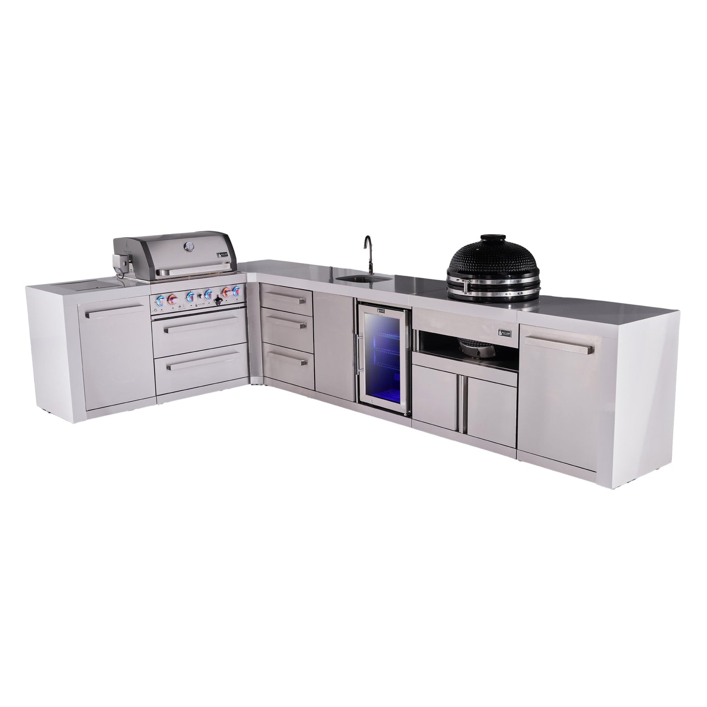 Mont Alpi 400 Deluxe BBQ Grill Island with L-Shape, Beverage Center, Kamado Module & Extra Drawer Storage - MAi400-D90BEVKAMDR