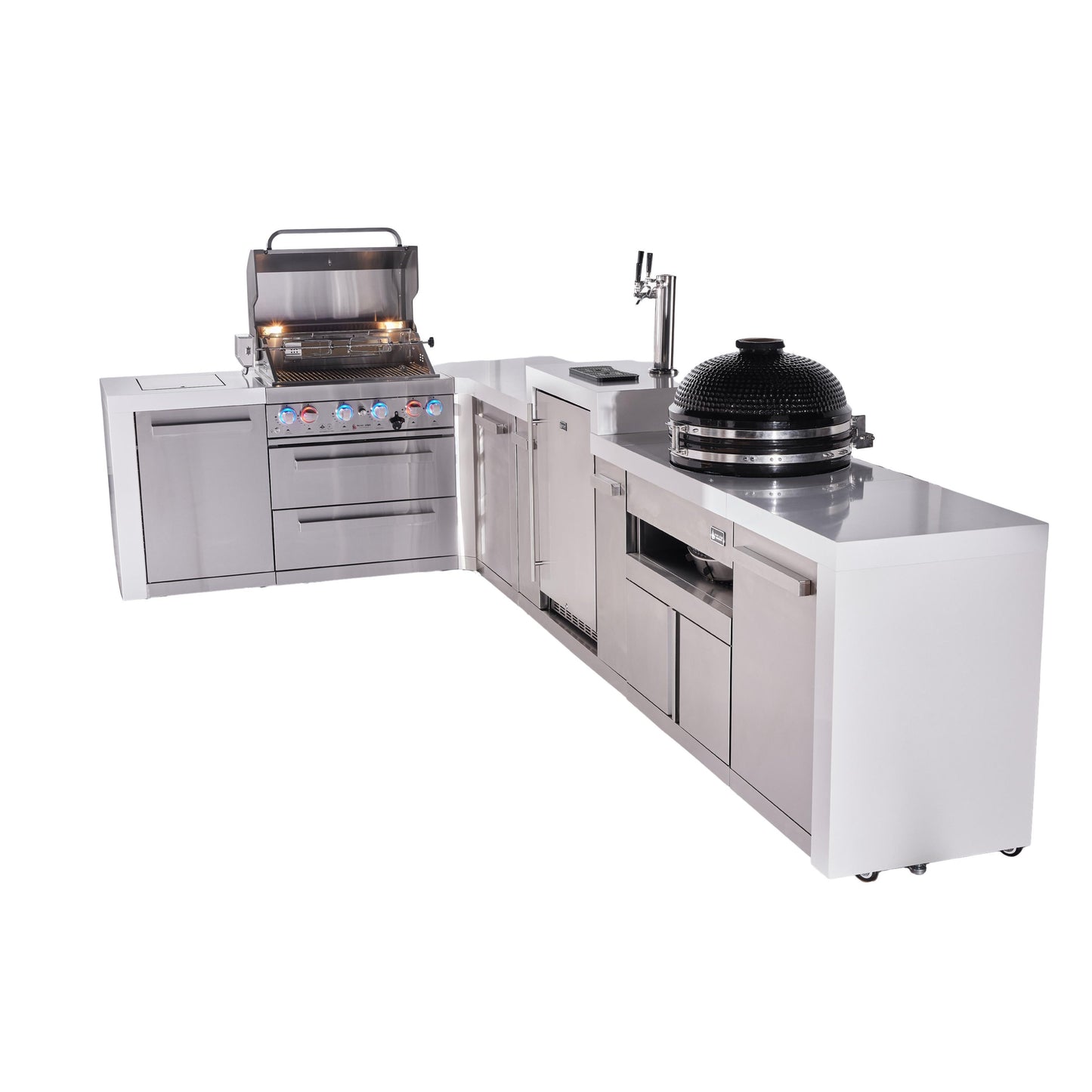 Mont Alpi 400 Deluxe BBQ Grill Island with L-Shape, Kegerator, Kamado Module & Extra Storage - MAi400-D90KEGKAMXL
