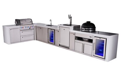 Mont Alpi 400 Deluxe BBQ Grill Island with L-Shape, Beverage Center, Kegerator, Kamado Module, Extra Storage & Fridge - MAi400-D90KEGBEVFCKAMXL