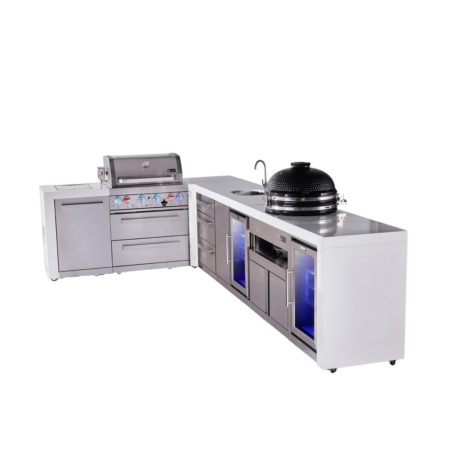 Mont Alpi 400 Deluxe BBQ Grill Island with L-Shape, Beverage Center, Kamado Module, Extra Drawer Storage & Fridge - MAi400-D90BEVFCKAMDR