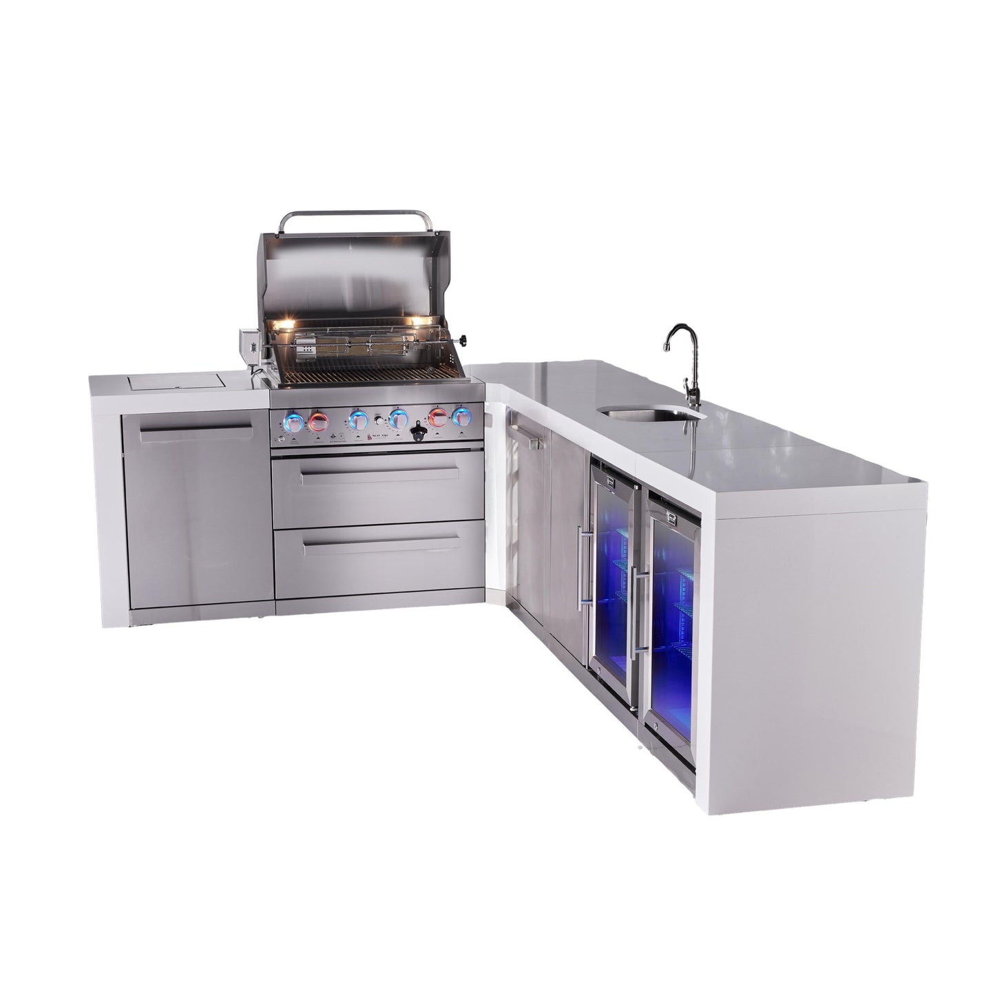 Mont Alpi 400 Deluxe BBQ Grill Island with L-Shape, Beverage Center, Extra Storage & Fridge - MAi400-D90BEVFCXL