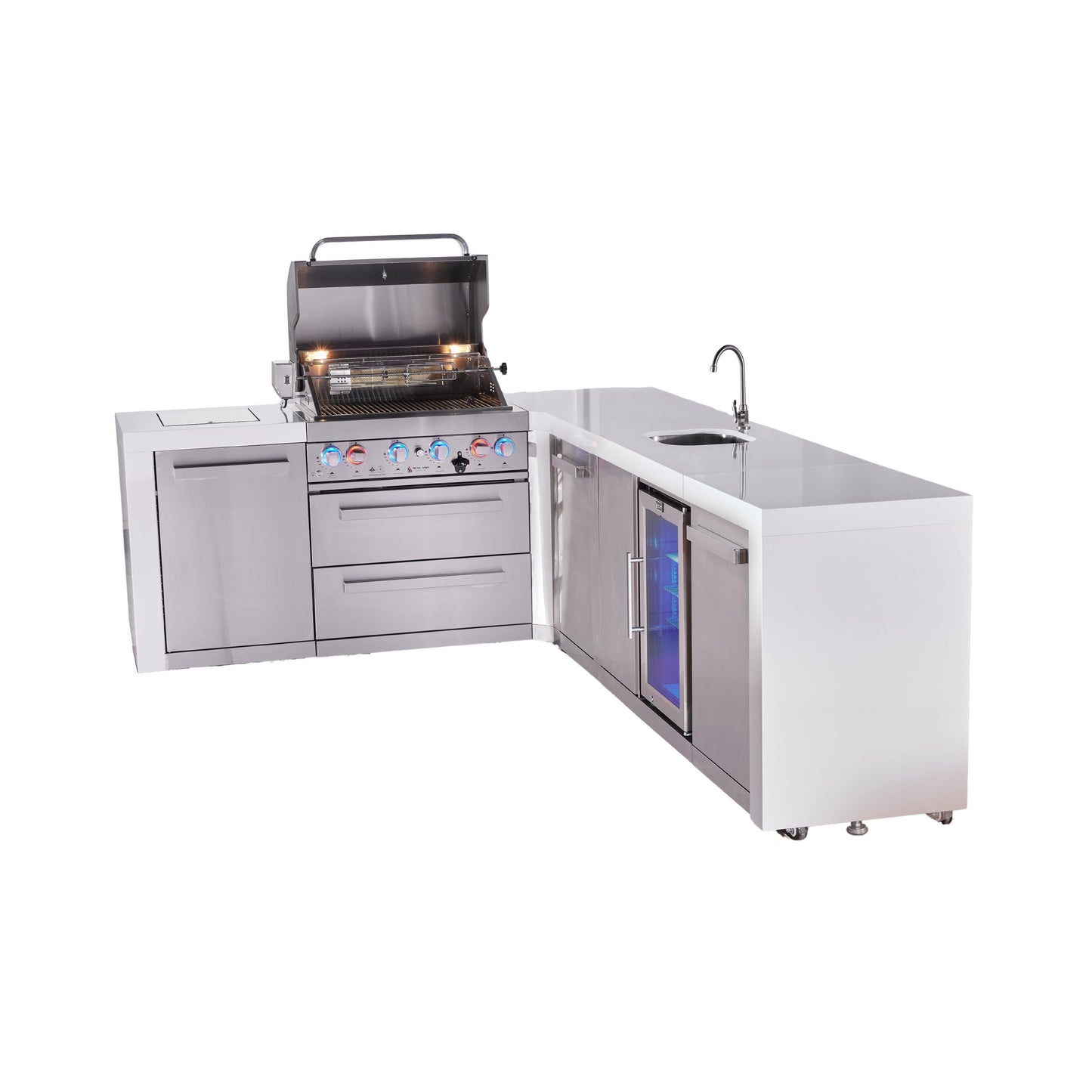 Mont Alpi 400 Deluxe BBQ Grill Island with L-Shape, Beverage Center & Extra Storage - MAi400-D90BEVXL