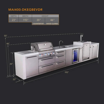 Mont Alpi 400 Deluxe BBQ Grill Island with Beverage Center, Kegerator & Extra Drawer Storage - MAi400-DKEGBEVDR