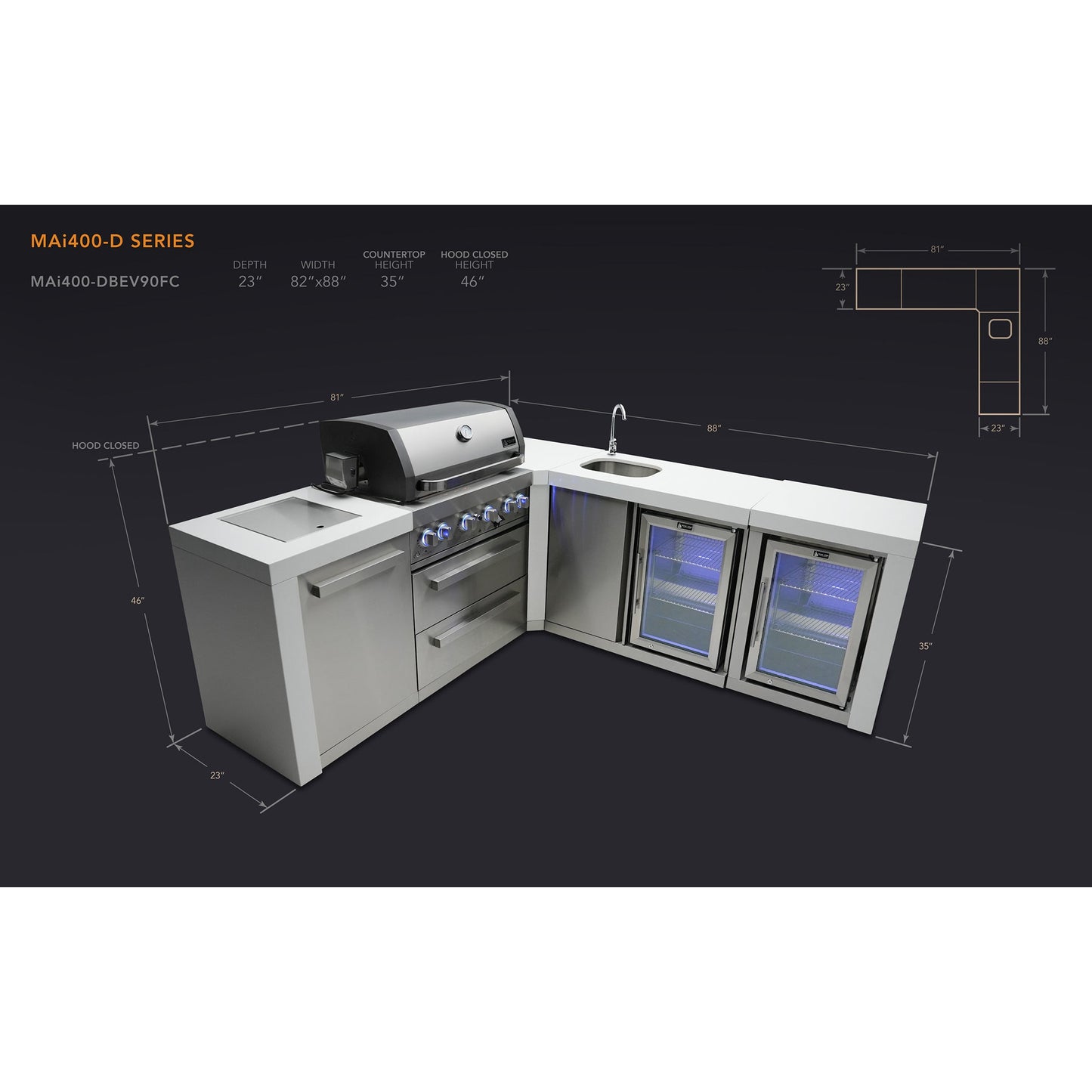 Mont Alpi 400 Deluxe BBQ Grill Island with L-Shape, Beverage Center & Fridge - MAi400-D90BEVFC