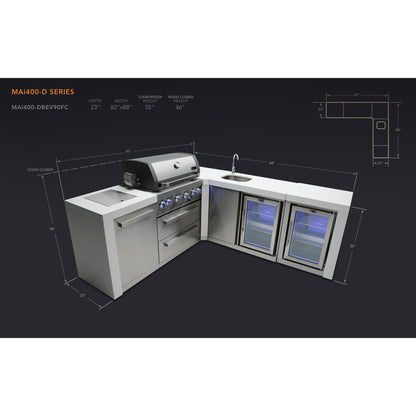 Mont Alpi 400 Deluxe BBQ Grill Island with L-Shape, Beverage Center & Fridge - MAi400-D90BEVFC