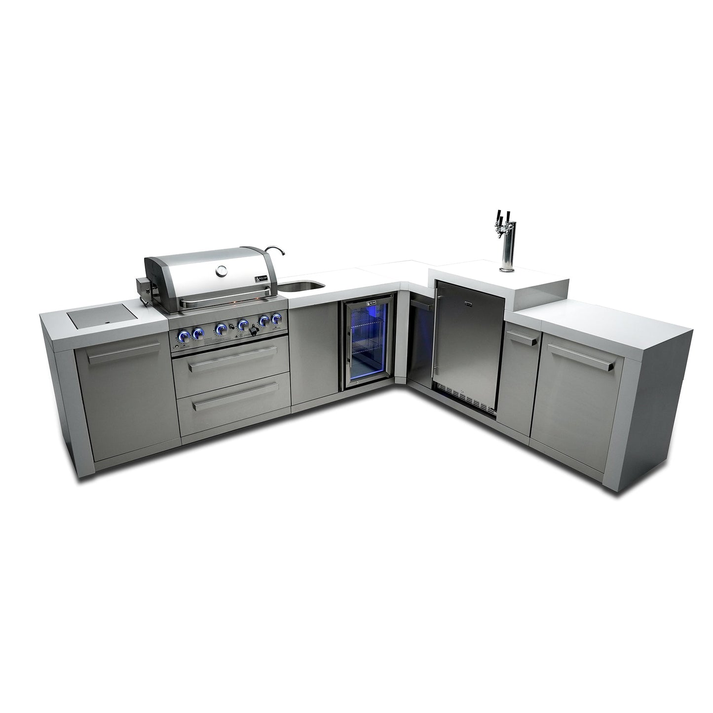 Mont Alpi 400 Deluxe BBQ Grill Island with L-Shape, Kegerator & Beverage Center - MAI400-D90KEGBEV