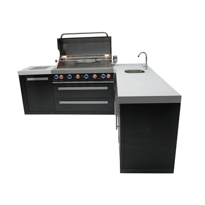 Mont Alpi 805 Black Stainless Steel BBQ Grill Island with L-Shape, Beverage Center & Fridge Cabinet - MAi805-BSS90BEVFC