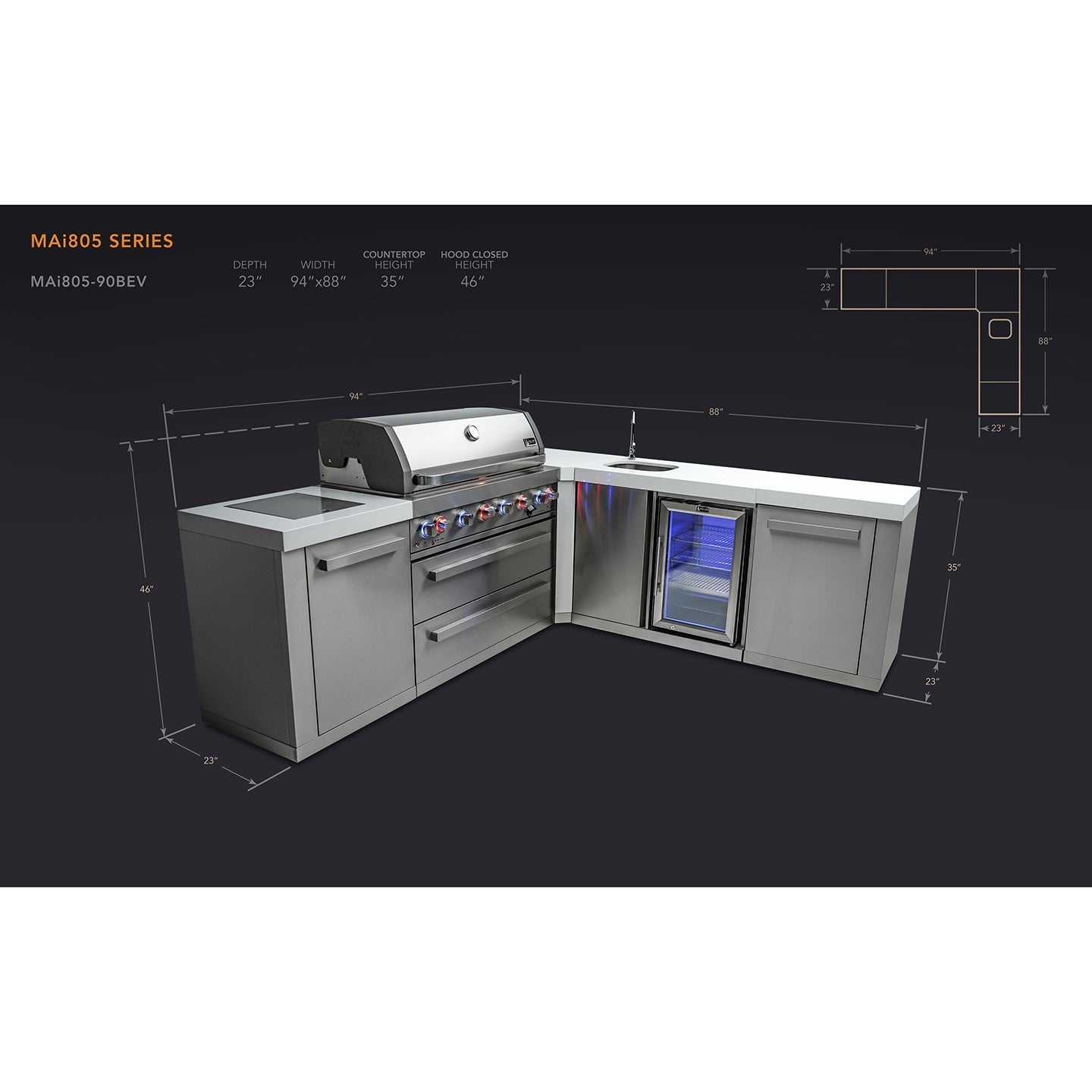 Mont Alpi 805 BBQ Grill Island with L-Shape & Beverage Center - MAi805-90BEV