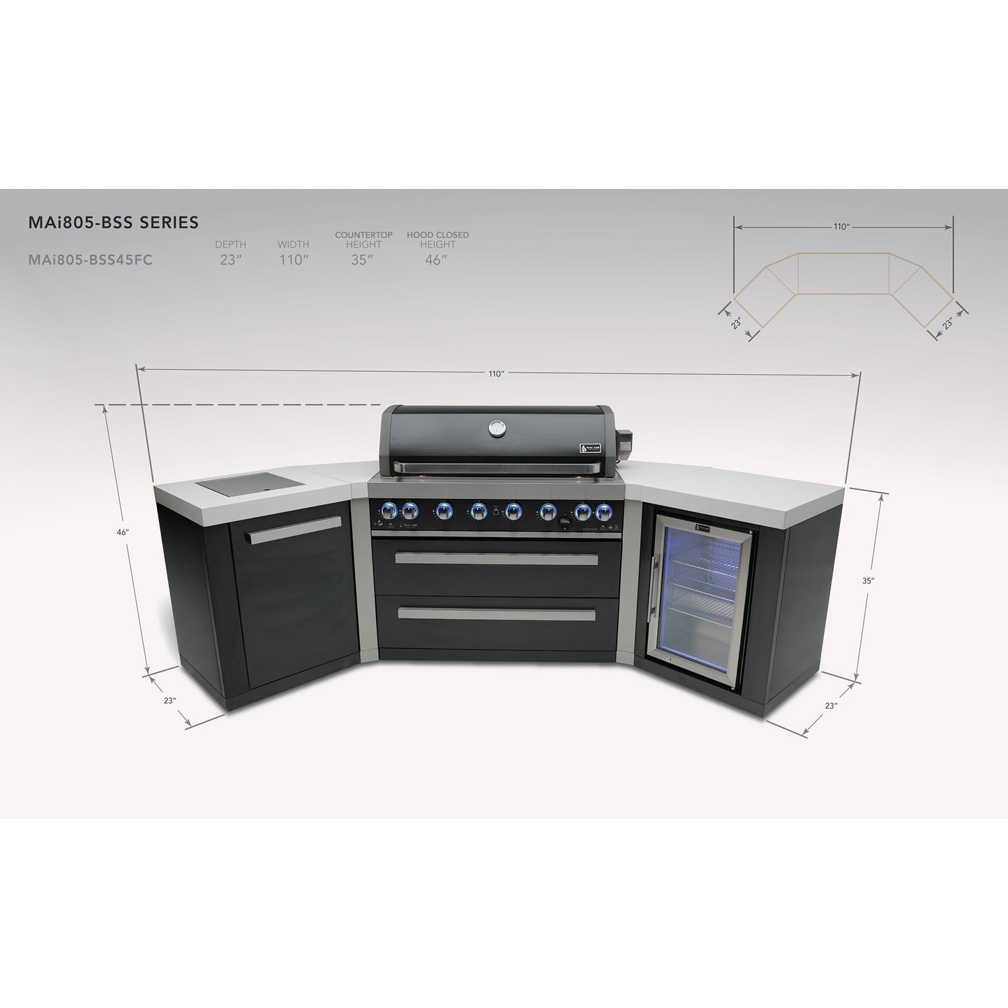 Mont Alpi 805 Black Stainless Steel BBQ Grill Island with V-Shape & Fridge - MAi805-BSS45FC