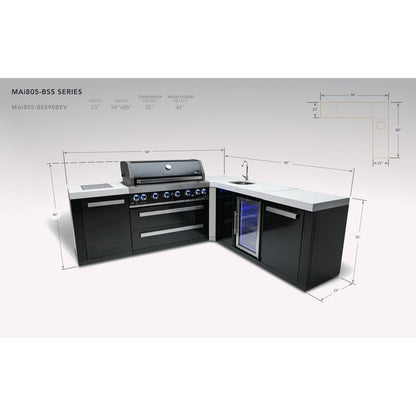 Mont Alpi 805 Black Stainless Steel BBQ Grill Island with L-Shape & Beverage Center - MAi805-BSS90BEV