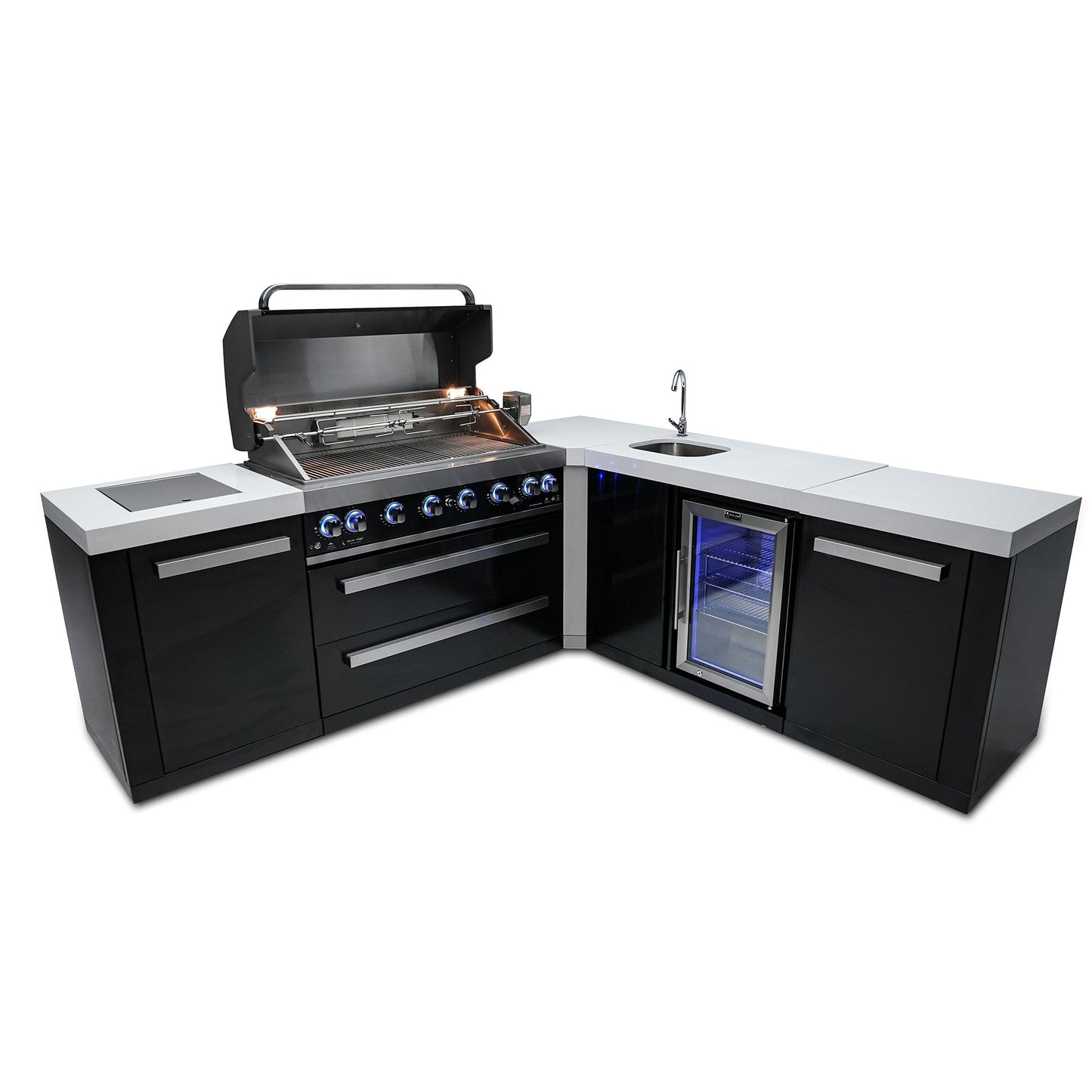 Mont Alpi 805 Black Stainless Steel BBQ Grill Island with L-Shape & Beverage Center - MAi805-BSS90BEV