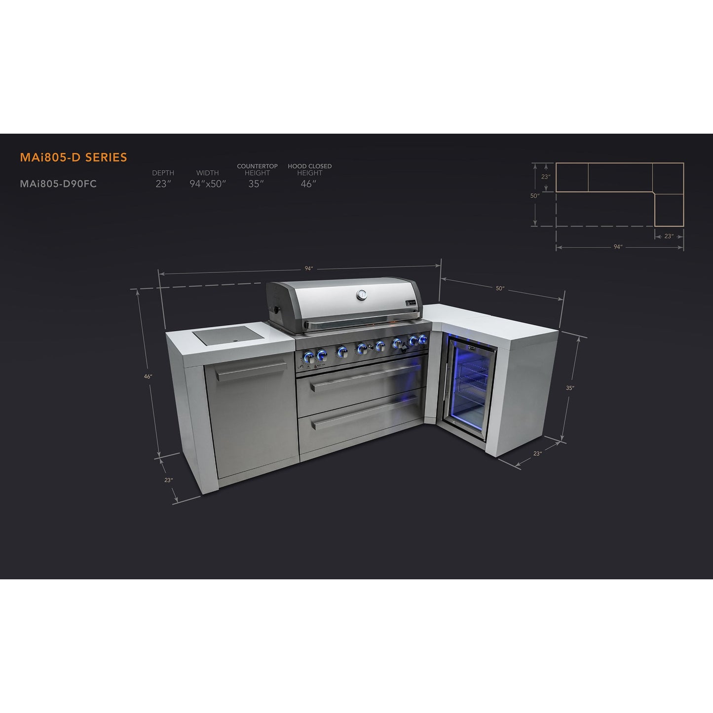 Mont Alpi 805 Deluxe BBQ Grill Island with L-Shape & Fridge Cabinet - MAi805-D90FC