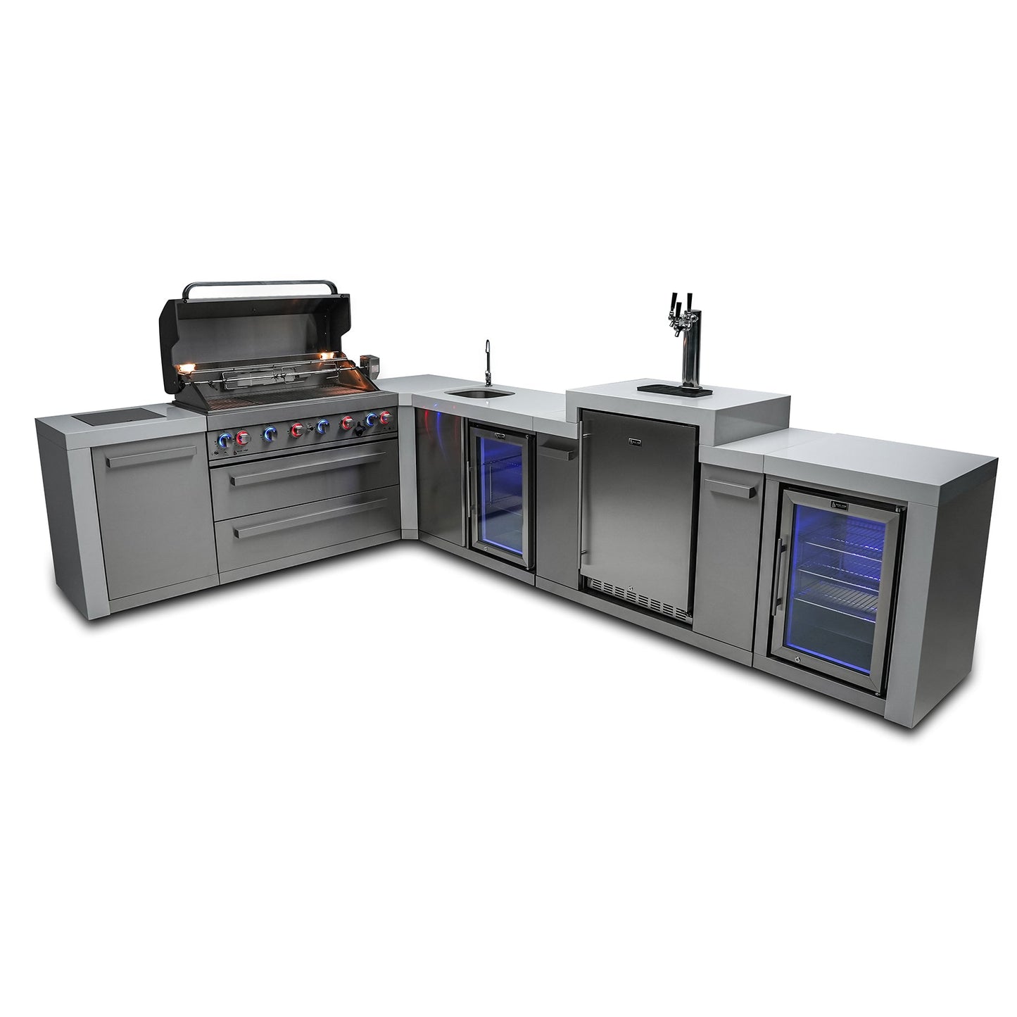 Mont Alpi 805 Deluxe BBQ Grill Island with L-Shape, Kegerator, Beverage Center & Fridge Cabinet - MAi805-D90KEGBEVFC