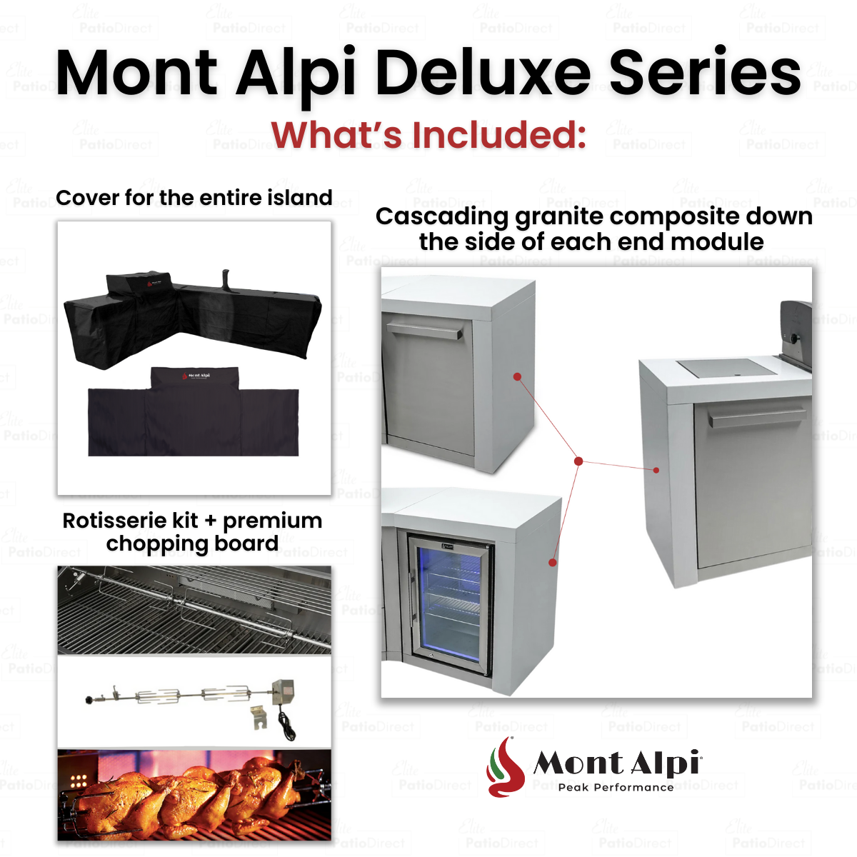 Mont Alpi 805 Deluxe BBQ Grill Island with L-Shape, Kegerator & Fridge Cabinet - MAi805-D90KEGFC