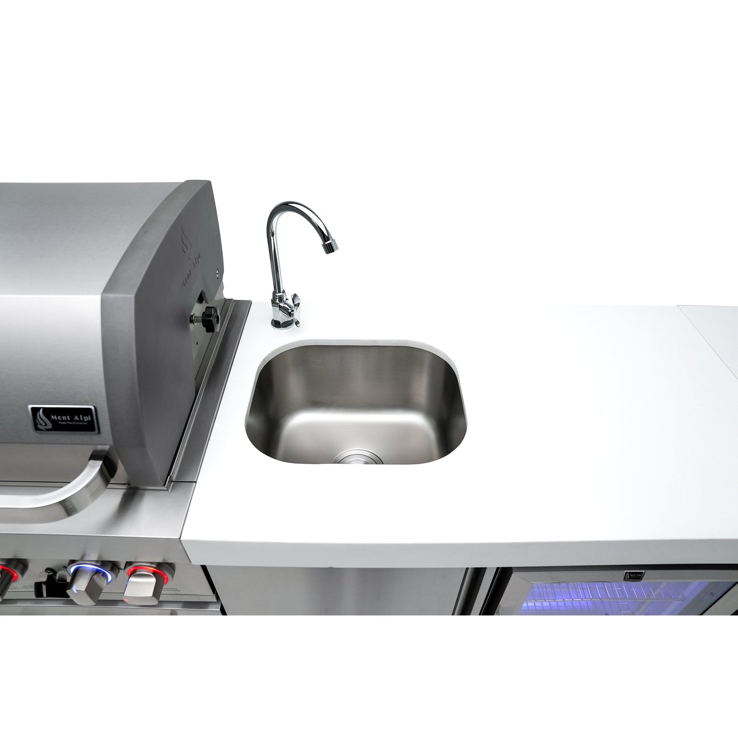 Mont Alpi 400 Deluxe BBQ Grill Island with L-Shape, Beverage Center, Extra Storage & Fridge - MAi400-D90BEVFCXL