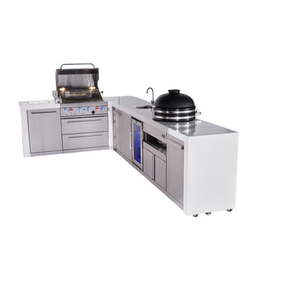 Mont Alpi 400 Deluxe BBQ Grill Island with L-Shape, Beverage Center, Kamado Module & Extra Storage - MAi400-D90BEVKAMXL