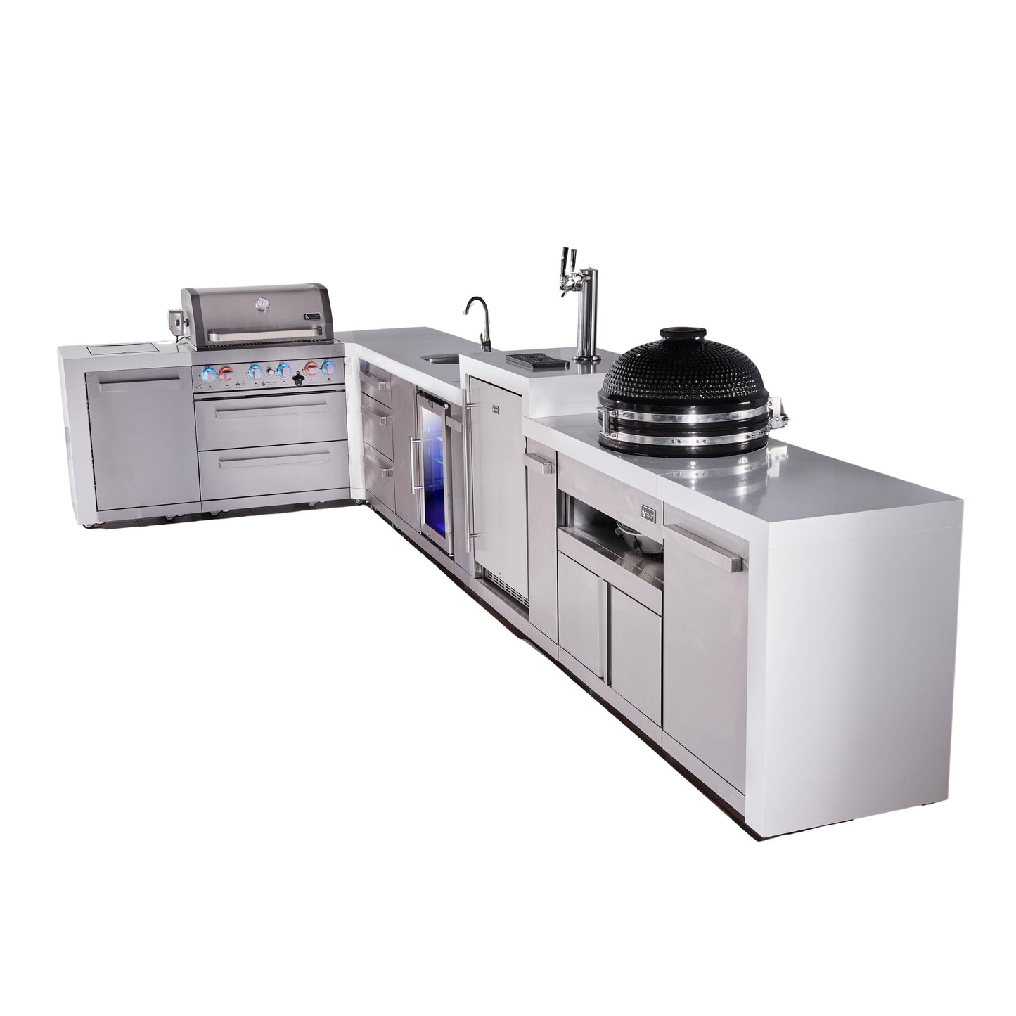 Mont Alpi 400 Deluxe BBQ Grill Island with L-Shape, Beverage Center, Kegerator, Kamado Module & Extra Drawer Storage - MAi400-D90KEGBEVKAMDR
