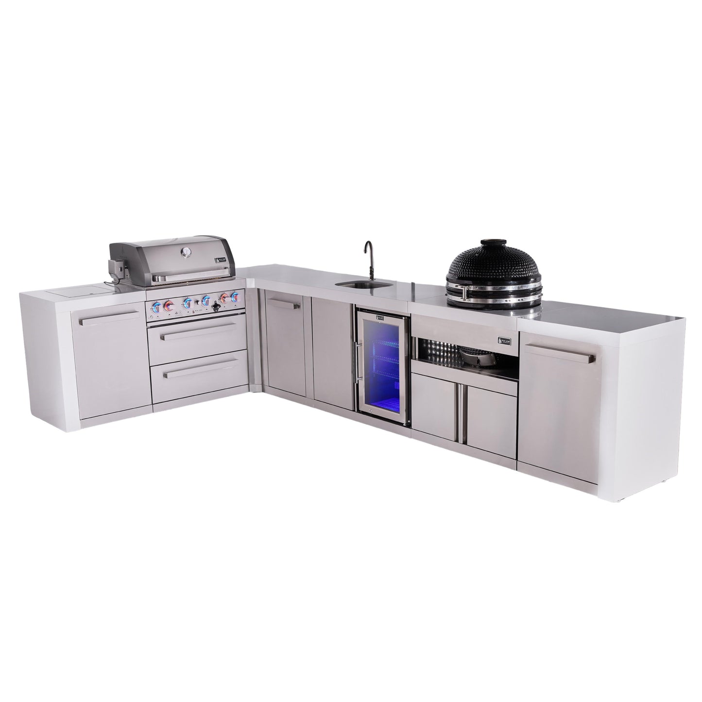 Mont Alpi 400 Deluxe BBQ Grill Island with L-Shape, Beverage Center, Kamado Module & Extra Storage - MAi400-D90BEVKAMXL