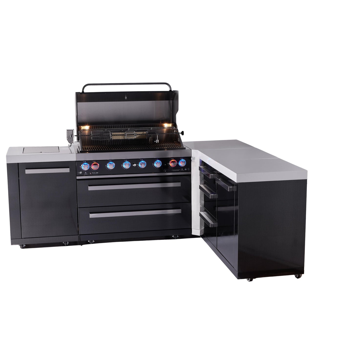 Mont Alpi 805 Black Stainless Steel BBQ Grill Island with L-Shape & Extra Drawer Storage - MAi805-BSS90DR (PREORDER - Est. Ship Date Dec 15)