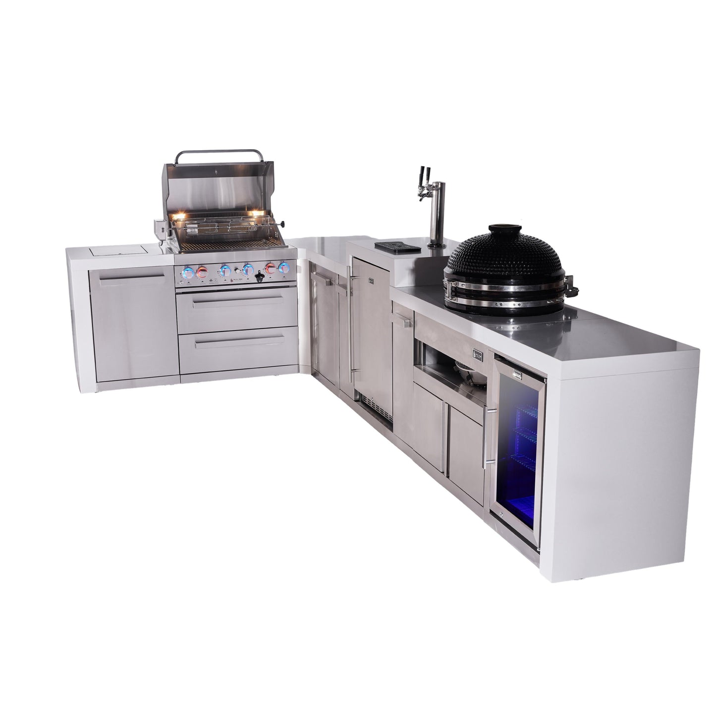 Mont Alpi 400 Deluxe BBQ Grill Island with L-Shape, Kegerator, Kamado Module, Extra Storage & Fridge - MAi400-D90KEGFCKAMXL