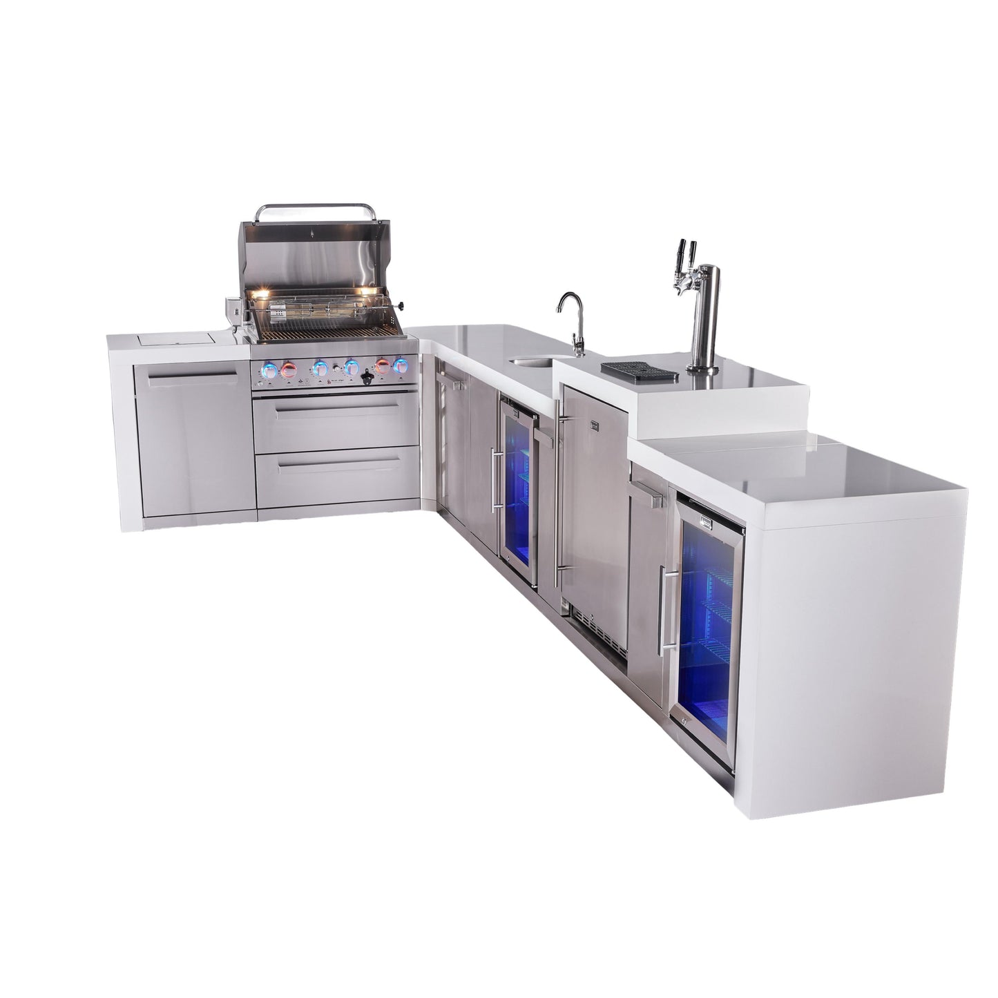 Mont Alpi 400 Deluxe BBQ Grill Island with L-Shape, Beverage Center, Kegerator, Extra Storage & Fridge - MAi400-D90KEGBEVFCXL