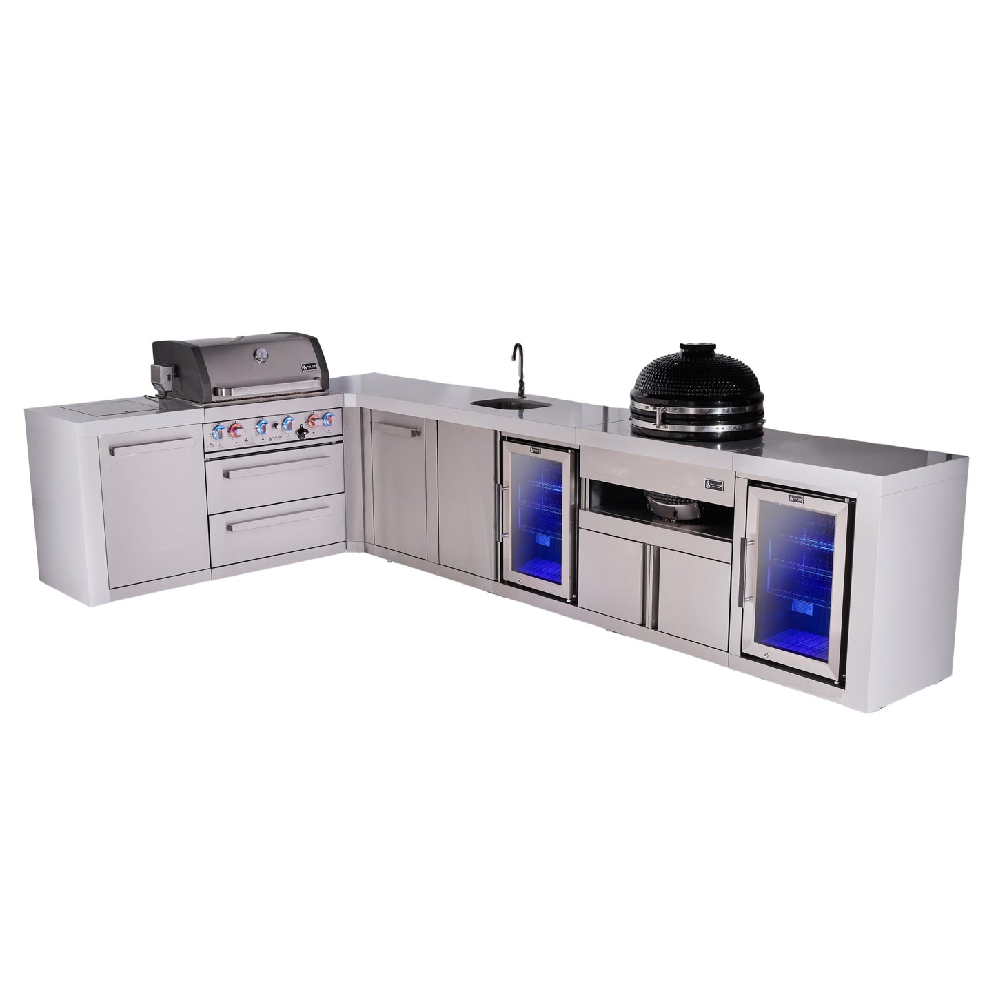 Mont Alpi 400 Deluxe BBQ Grill Island with L-Shape, Beverage Center, Kamado Module, Extra Storage & Fridge - MAi400-D90BEVFCKAMXL