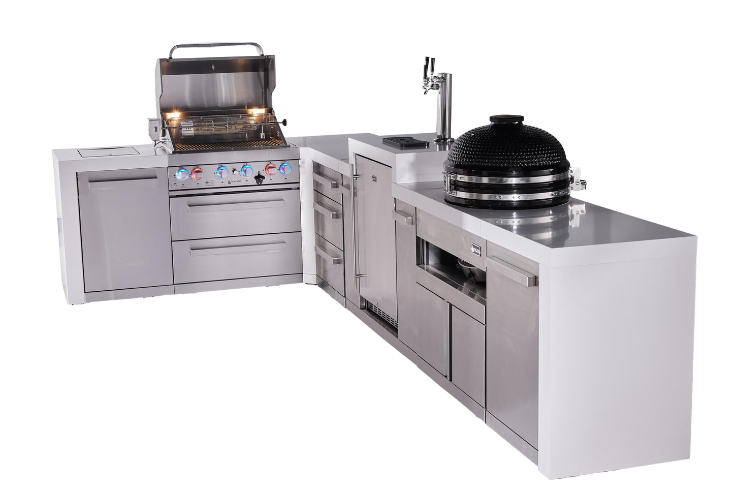 Mont Alpi 400 Deluxe BBQ Grill Island with L-Shape, Kegerator, Kamado Module, & Extra Drawer Storage - MAi400-D90KEGKAMDR