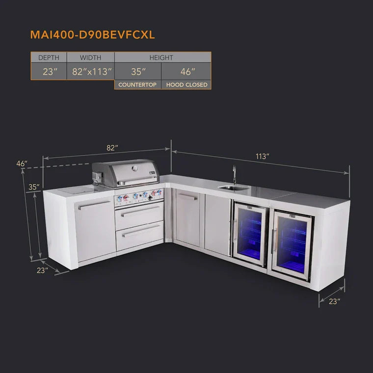 Mont Alpi 400 Deluxe BBQ Grill Island with L-Shape, Beverage Center, Extra Storage & Fridge - MAi400-D90BEVFCXL