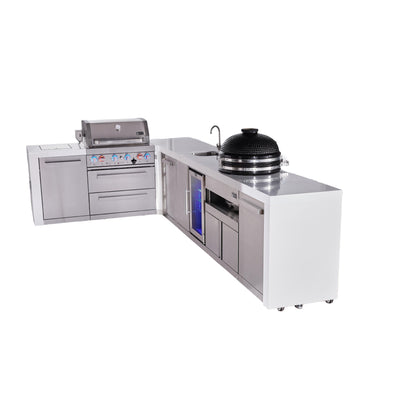 Mont Alpi 400 Deluxe BBQ Grill Island with L-Shape, Beverage Center, Kamado Module & Extra Storage - MAi400-D90BEVKAMXL