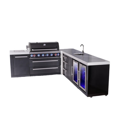 Mont Alpi 805 Black Stainless Steel BBQ Grill Island with L-Shape, Beverage Center, Extra Drawer Storage & Fridge - MAi805-BSS90BEVFCDR (PREORDER - Est. Ship Date Dec 15)