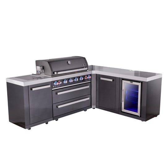Mont Alpi 805 Black Stainless Steel BBQ Grill Island with L-Shape, Extra Storage & Fridge - MAi805-BSS90FCXL