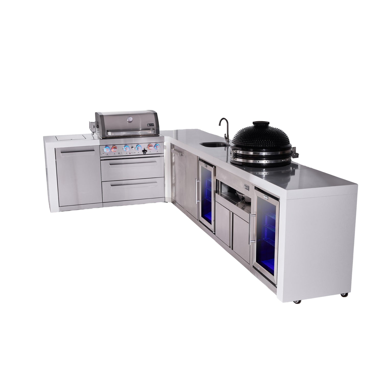 Mont Alpi 400 Deluxe BBQ Grill Island with L-Shape, Beverage Center, Kamado Module, Extra Storage & Fridge - MAi400-D90BEVFCKAMXL