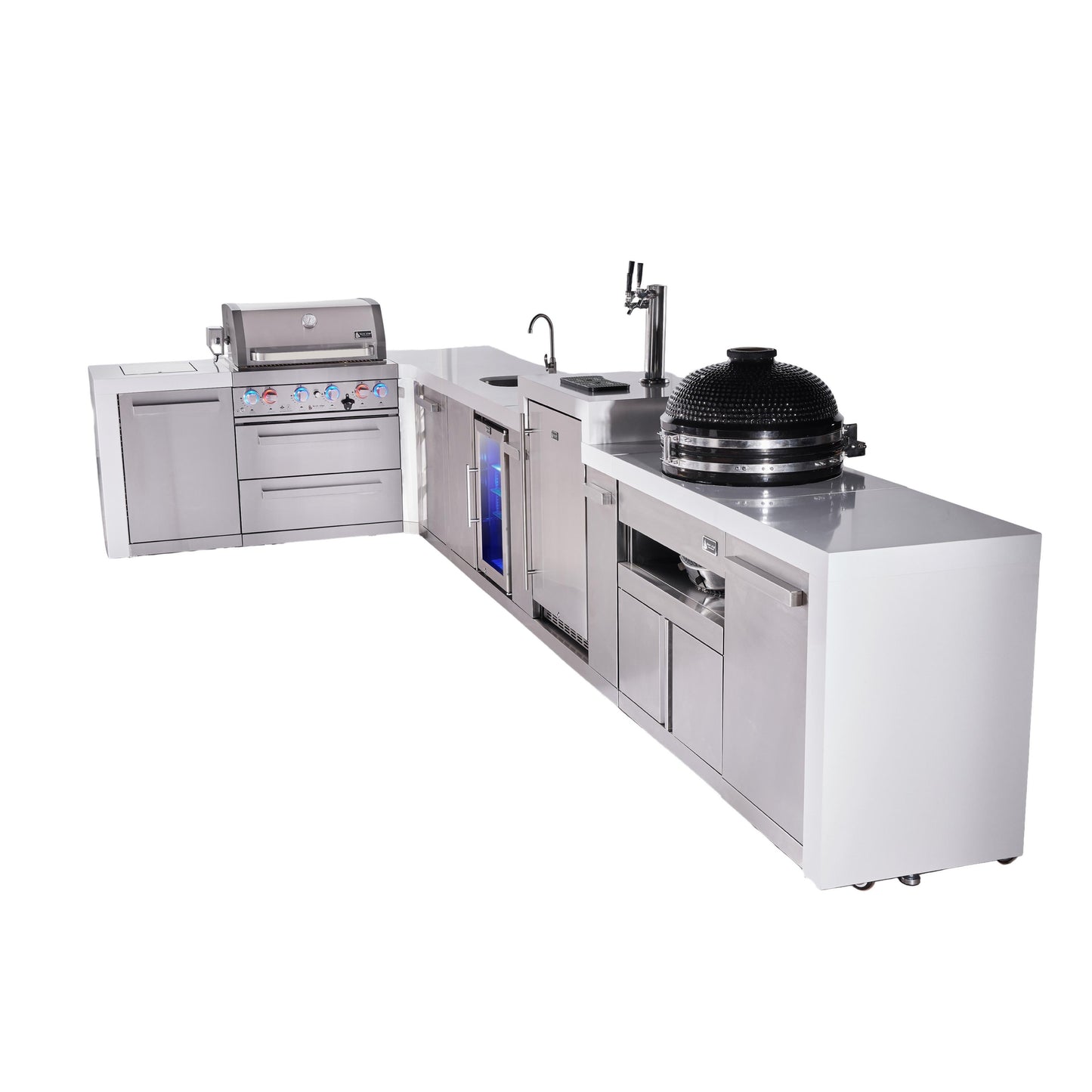 Mont Alpi 400 Deluxe BBQ Grill Island with L-Shape, Beverage Center, Kegerator, Kamado Module & Extra Storage - MAi400-D90KEGBEVKAMXL